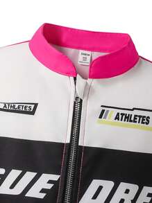 SHEIN Tween Girls Red And Black Letter Print Stand Collar Contrast Color Loose Bomber Jacket - Hot Pink - View 5