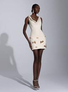 Elitara Elegant Glamorous Handmade Metal Flower Accent Bodycon Dress, Suitable For Parties And Galas, Party Dress, Wedding Guest Dress, For Cocktail - Yellow - View 5
