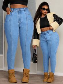 SHEIN SXY Jeans in denim elasticizzato con design a spacchi simmetrici per taglie comode