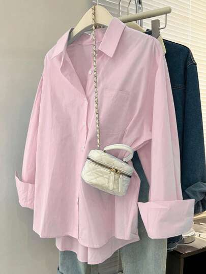 SHEIN EZwear Plus Size Women's Solid Color Long Sleeve Single Breasted Pocket Casual Shirt