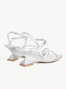 CUCCOO CHICEST Women Silver Wedge Heel Square Toe Strap Slide Sandals - Silver - View 11