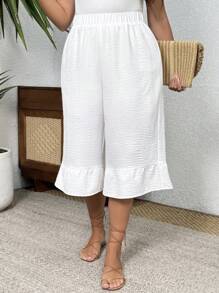 EMERY ROSE Pantalones capri holgados con cintura elástica blanca y detalle de volantes en el bajo, para mujer de talla grande. Estilo casual para primavera/verano - Blanco - Ver 5