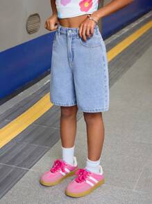 SHEIN Tween Girls Summer Boho Casual Laight Washed Loose Baggy Casual Denim Jeans Long Shorts With Bow Decoration,Girls Summer Beach Concert Rave Outfits