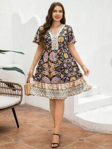 SHEIN Clasi Plus Size Yellow Side Placement Print Knee Length A-Line Vacation Dress For Women, Boho, Bohemia, Boho Women's Clothing, Summer Outfits For Women, Summer Dresses For Women, Sun Dresses For Women, Vacation Outfits Women
