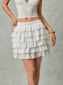 Poéselle Women Solid Color Embroidery Layered Ruffle Hem Mini Skirt - White - View 1