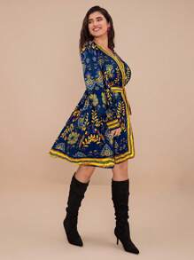 Travachic Plus Size Women's Tropical Plant Print Long Sleeve Dress, Vacation - Blue - View 4