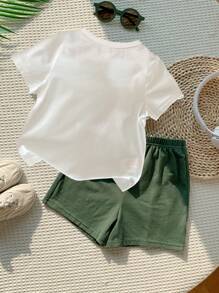 Baby Boy Casual Minimalist Cartoon Print Short Sleeve Shorts Set, Suitable For Summer