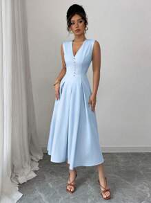 Gloray 女士 V 领无袖褶皱长裙 - 藍色 - 查看 5