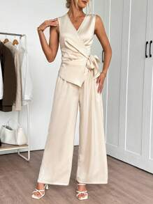 EMERY ROSE Women Solid Color Sleeveless Wrap Tie Top And Pants 2 Pieces Set - Apricot - View 4