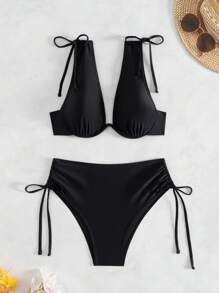 Swim SXY 2pcs Women Knitted Solid Color Black Thick Strap Push Up Bikini Top And High Waisted Drawstring Swimwear Bottom