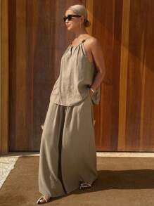 Livesso 2 件套女士纯色度假吊带背心和裤子套装 - 綠色 - 查看 5