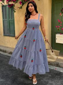 Breezaya Plus Size Waist-Cinched Plaid Cherry Fit & Flare Dress - Blue and White - View 3