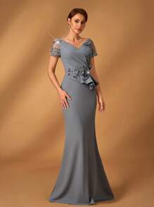 Serin Mùa hè thanh lịch lộng lẫy lãng mạn màu xám đậm sequin thêu khâu co giãn dệt kim trễ vai tay ngắn sequin sang trọng thiết kế đính kết viền đuôi cá mỏng khâu bèo nhún không đối xứng thích hợp cho tiệc tối tiệc độc thân khiêu vũ ngày lễ đám cưới sự kiện tiệc tối váy cô dâu mẹ - Xám - Xem 7