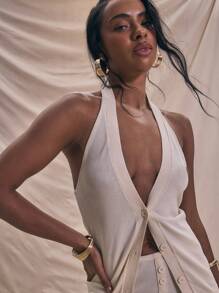 MUSERA Longline Fitted Button Up Sheer Knit Sleeveless Top Summer Holiday - Apricot - View 4