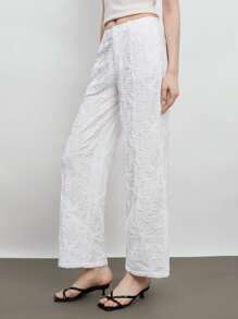 Maija Pantalon blanc d'été décontracté pour femme, taille élastique, style bohème, pour les vacances. Pantalon droit en tissu texturé 3D à motif floral, idéal pour le travail - Blanc - Voir 5