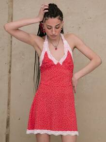 COUREZ Polka Dot Lace V Neck Halter Mini Dress Summer Outfits For Women Y2K Vintage - Orange - View 2