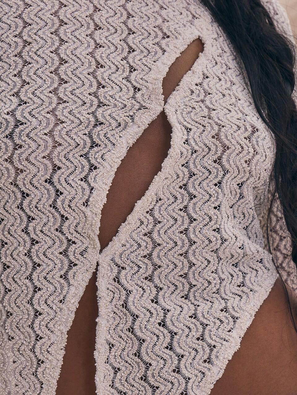 Asymmetrical Neck Crochet Long Sleeve Cut Out Split Hem Fitted Top Summer Holiday Top Spring Elegant Cute