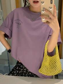 DAZY 女士夏季宽松休闲圆领蝴蝶结印花短袖T恤可爱上衣超大码T恤，图案T恤 - 紫色 - 查看 2