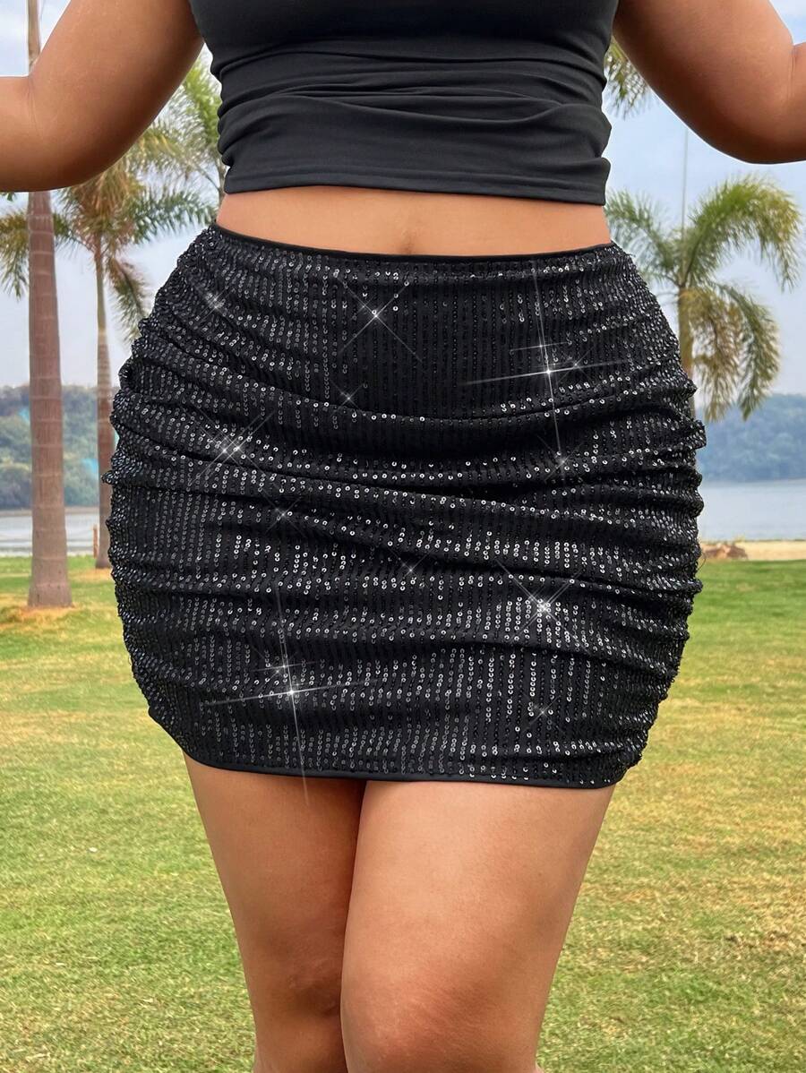 SHEIN EZwear Plus Size Women Sequin Ruched Elegant Skirt - Black - View 1