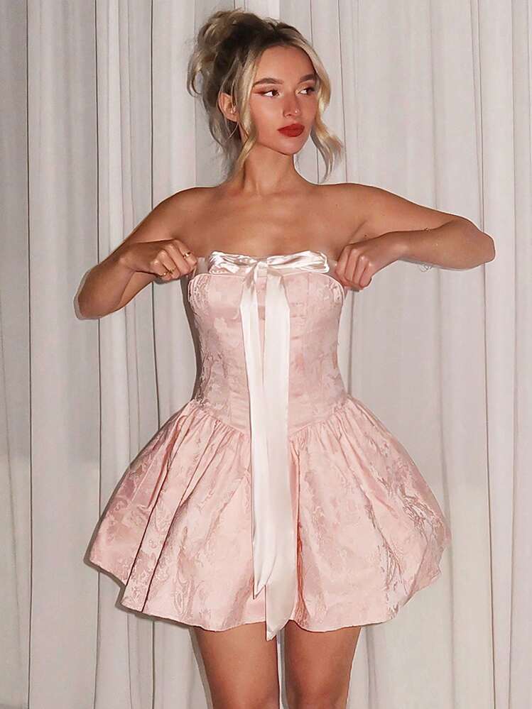 Glamine Charm Glamine Satin Patchwork 3D Bow Ribbon Collar Peplum Pink Dress, Strap Mini Swing Dress, Textured Jacquard Fabric For Party/Holiday Spring Women Dresses For Graduation/Back To School Homecoming Dresses For Women Cute Dresses, Christmas - Pink - View 5