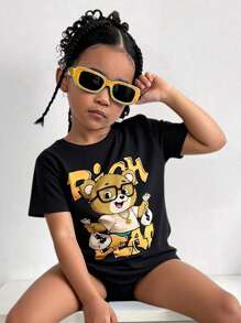 SHEIN 1pc Young Girls Bear & Slogan Graphic Short Sleeve T-Shirt, Personalized Summer Top (Family Matching Mommy And Me Sold Separately)