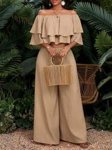 SHEIN Lady Women's Vacation Casual Solid Color Off-Shoulder Ruffled Hem Crop Top & Wide Leg Pants 2 Pieces Set Vacation Outfits Women Resort Wear Vacation Outfits Woman Sets Resort Wear For Women Women Outfit Sets Summer Women Summer Clothes Women Two Pieces Outfits Boho/Bohemia/Boho Women's Clothing; African Woman Clothing New Arrivals Women Dress Beach Dress - Khaki - View 1