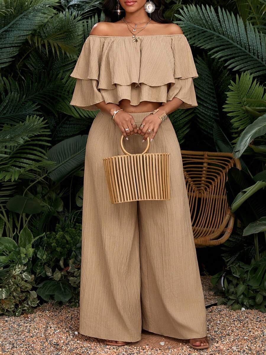 SHEIN Lady Women's Vacation Casual Solid Color Off-Shoulder Ruffled Hem Crop Top & Wide Leg Pants 2 Pieces Set Vacation Outfits Women Resort Wear Vacation Outfits Woman Sets Resort Wear For Women Women Outfit Sets Summer Women Summer Clothes Women Two Pieces Outfits Boho/Bohemia/Boho Women's Clothing; African Woman Clothing New Arrivals Women Dress Beach Dress - Khaki - View 1