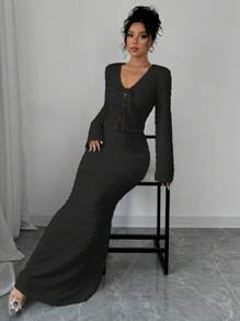 Elenzga 2pcs Set: Textured Lace-Up Long Sleeve Top And A-Line Skirt, Minimalist & Fashionable, Suitable For Summer Fall Cloth For Women - Black - View 5