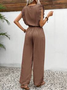 SHEIN Frenchy 2pcs/Set Women Sleeveless Cropped Lace Top, Textured Fabric,Summer Sets Brown Casual - Coffee Brown - View 2