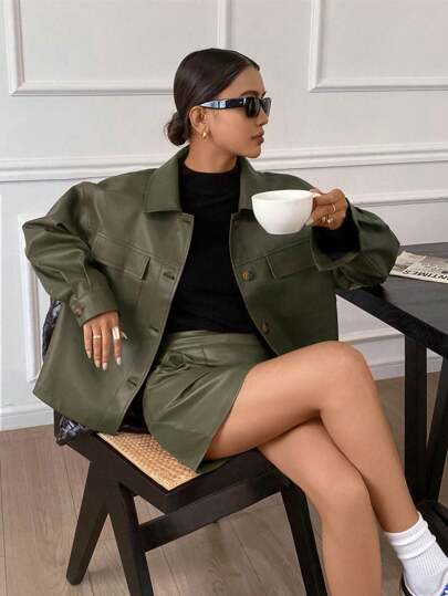 Siren Gaze 2pcs Women's Solid Color PU Leather Jacket With Pockets & Mini Skirt Set Winter Green Casual Christmas Spring