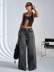 SHEIN Cottnline 100% Cotton WOMEN LOW RISE WIDELEG FIT DARK GREY Y2K STYLE BAGGY JEANS - Grey - View 5
