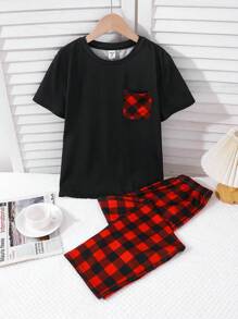 SHEIN 青少年男孩休闲圆领短袖口袋 T 恤和格子宽松睡裤 2 件套