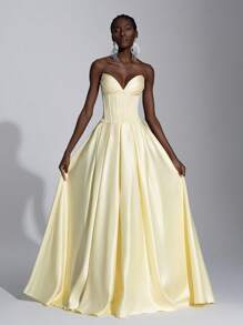 Elitara Elegant Light Yellow Strapless & Adjustable Lacing Waist Maxi With Oversized Flare Hem Dress, Versatile For Dating, Vacation, Party, Formal Occasions, Butter Yellow Dress, Gown, For Evening, Wedding Guest