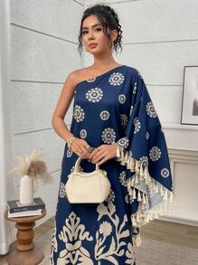 Al Najma Women's Floral Print Batwing One Shoulder Fringe Design Loose Super Long Dress