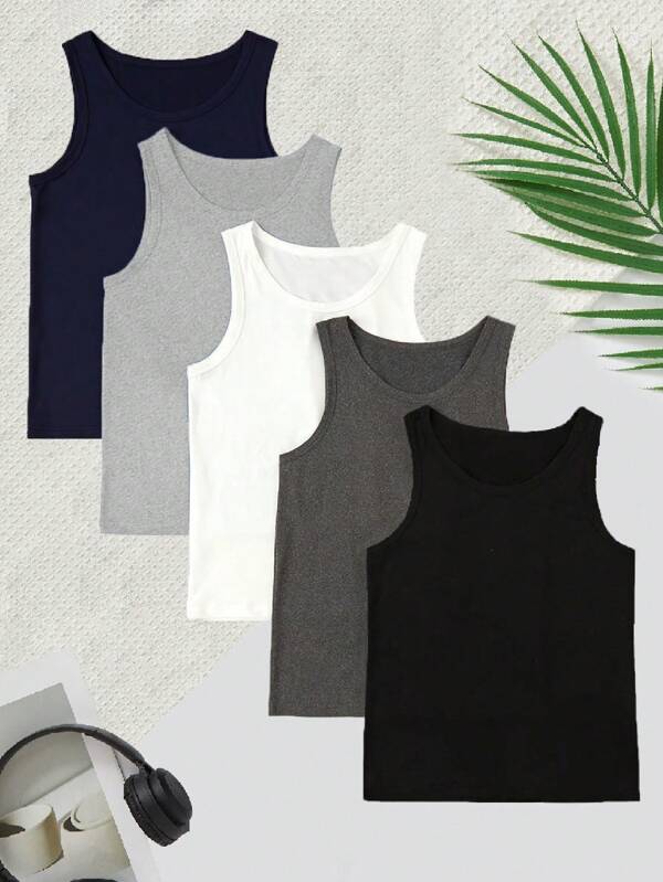5pcs/Set Boys Elegant Solid Color Sleeveless Vest Underwear Set, Comfortable Casual Style
