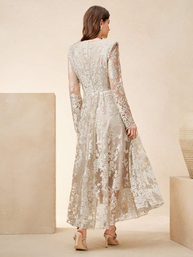 Vestido de manga larga de lujo y alta gama, elegante vestido de invitada de boda con encaje y una gracia sutil