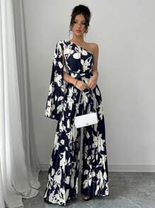 Elenzga Women's Casual Elegant Holiday Sleeveless Black & White Floral Print Ruched Long Jumpsuit Fall Cloth For Women - Navy Blue - View 1