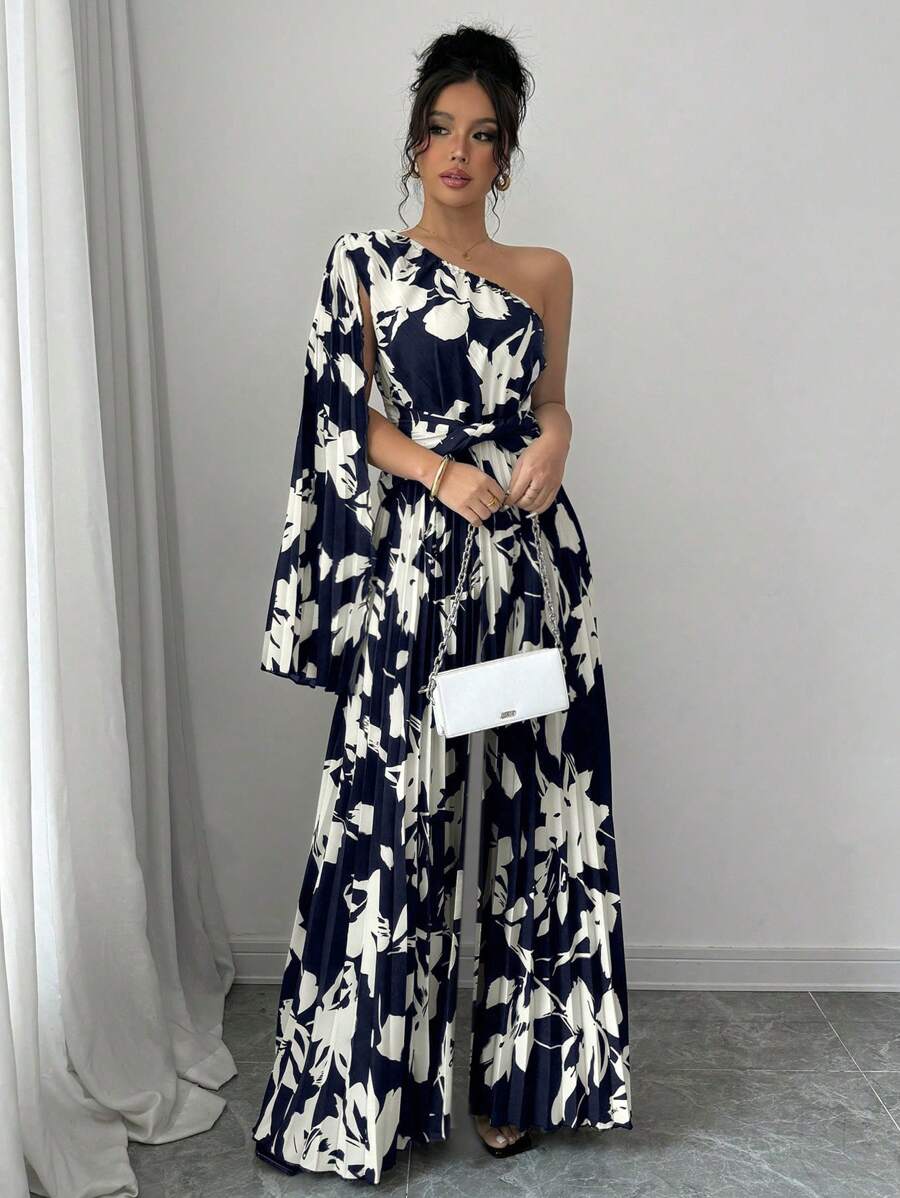 Elenzga Women's Casual Elegant Holiday Sleeveless Black & White Floral Print Ruched Long Jumpsuit Fall Cloth For Women - Navy Blue - View 1