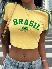 SHEIN EZwear Áo thun nữ tay ngắn bó sát họa tiết Brazil Colorblock, thích hợp cho mùa thể thao xuân/hè - Màu vàng - Xem 6