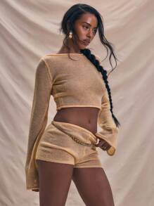 MUSERA Cropped Slash Neck Knit Flare Sleeve Long Sleeve Top Summer Holiday Crop Top Spring - Orange - View 2