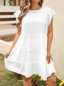 SHEIN LUNE SHEINLUNE 大码女式白色格子褶皱蝴蝶袖褶皱迷你连衣裙，适合婚礼季节，全白女装，婚礼宾客礼服女士新娘送礼会礼服白色婚礼礼服毕业礼服白色毕业礼服毕业装，女士海滩装女士海滩早午餐装女士机场装，波西米亚风女装波西米亚风时尚，女士海滩装，可爱夏季连衣裙卡哇伊