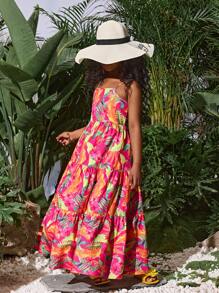 SLAYR Tween Girl Tropical Floral Green Leaf Beach Vacation Patchwork Sleeveless Backless Bow Maxi Dress Mommy And Me Matching Outfits - Hot Pink - View 6