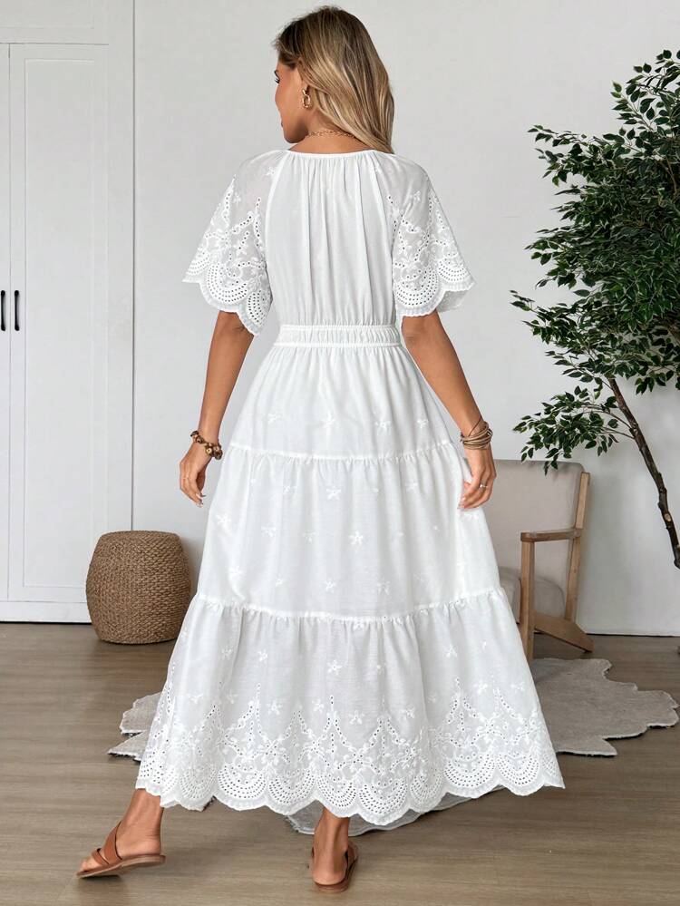 Abito lungo casual da donna, con scollo a V, ricamato e con motivo batik, per vacanze