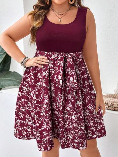 SHEIN VCAY Plus Size Summer Casual Ditsy Floral Patchwork Dress,Beach Dress Sundress,Holiday Outfits Boho