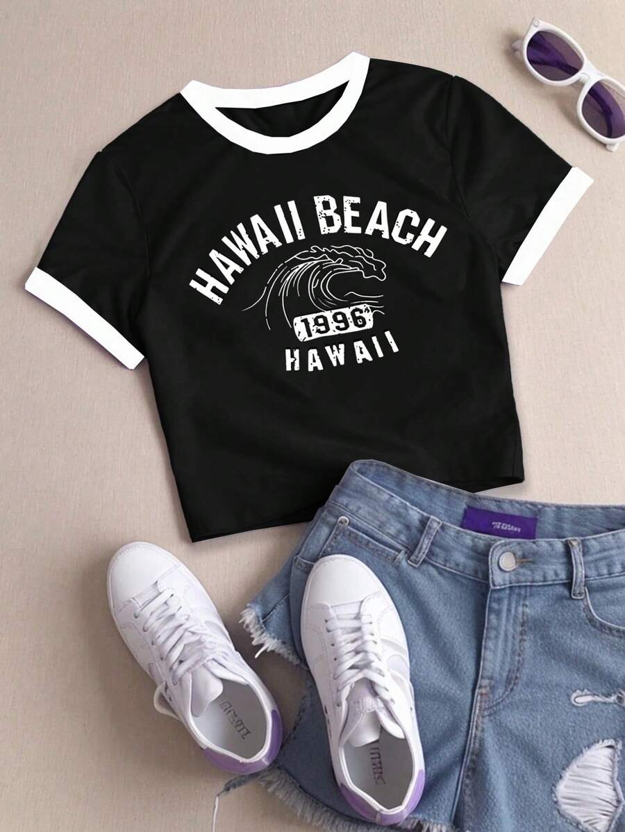 Flirla 字母图案撞色边饰休闲 T 恤，适合夏季