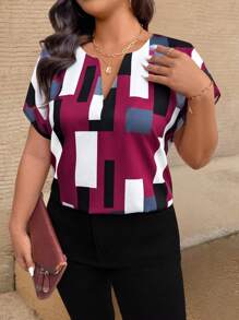 EMERY ROSE Plus Size Women Casual Geometric Print Flat Collar Shirt, Short Sleeve Top