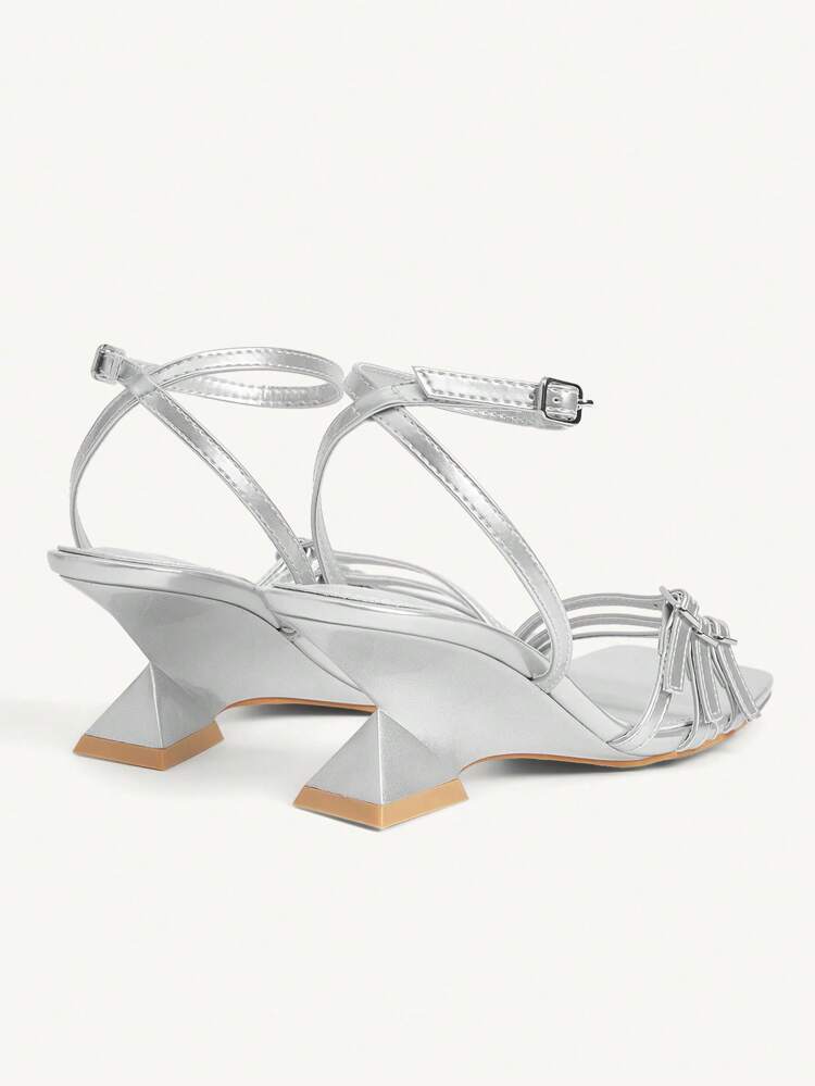 CUCCOO CHICEST Women's Silver Wedge Heel Square Toe Strap Buckle Comfort Casual Slide Sandals