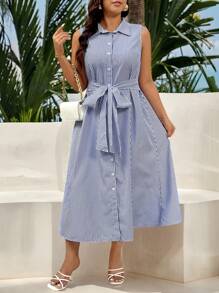 Calvaya Plus Size Striped Collar Sleeveless Elegant Shift Dress For Office Wear - Blue and White - View 3