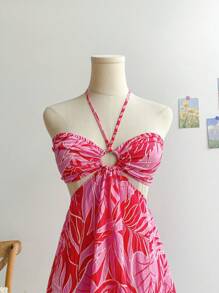 Soleia Summer Outfits For Women  Easter Outfit Women Vacation Rave Outfits Concert Outfit Women Rave Beach Vacation Outfits Concert Outfits For Women  Women Tropical Plant Print Halter Neck Mini Dress, Sundress Summer Vacation Style - Multicolor - View 4