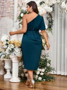 SHEIN Belle Plus Size Women Solid Color One Shoulder Ruched Puff Sleeve Elegant Dress, Wedding - Blue - View 2